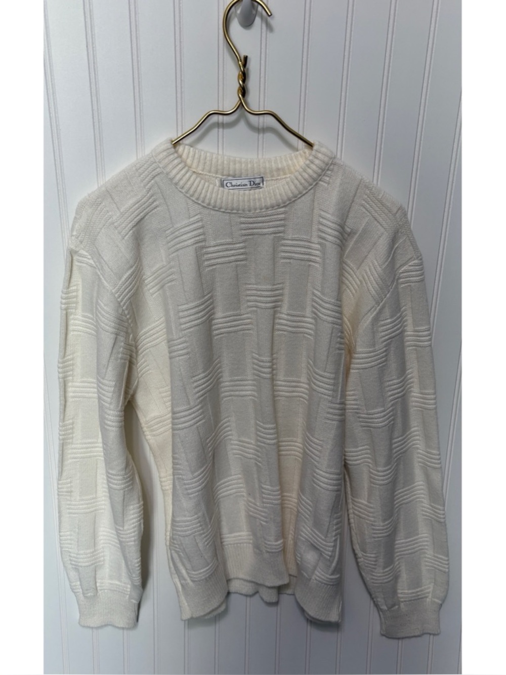 CHRISTIAN DIOR Vintage Cable Knit Off White Acrylic Sweater Mens Size Medium